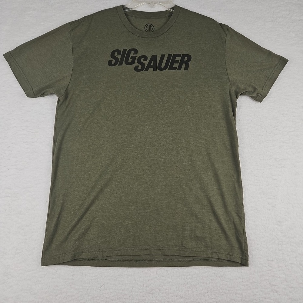 SIG Sauer T Shirt Mens M Olive Green Short Sleeve Logo Casual Tee Logo